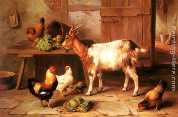 Edgar Hunt Goat and chickens feeding in a cottage interior